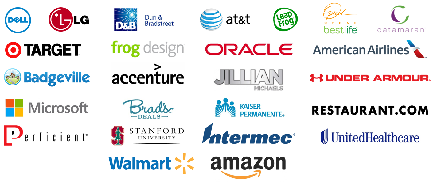 Clients include LG, UnderArmour, Dell, Walmart, Target, Kaiser Permanente, United Healthcare, Amazon, etc.